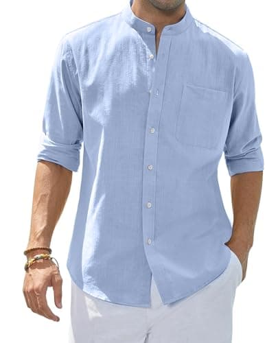 Image of siliteelon Blue Linen Shirts Grandad Collar Men's Shirt Regular Fit Casual Summer Beach Shirt with Pocket,Medium