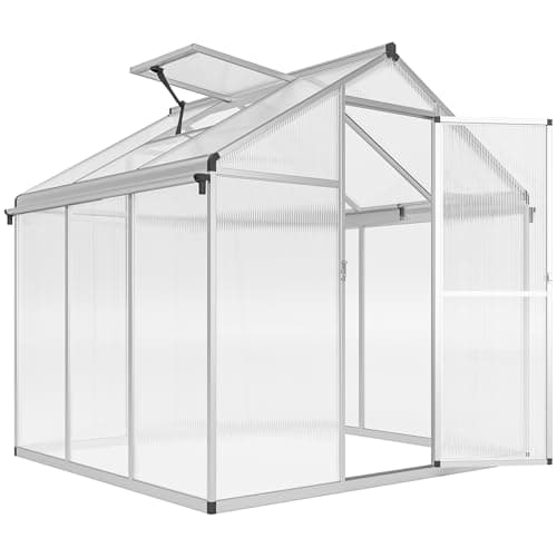 Image of Outsunny 6 x 6ft Polycarbonate Greenhouse with Rain Gutters, Large Walk-In Green House with Door and Window, Garden Plants Grow House with Aluminium Frame and Foundation