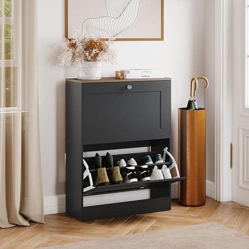 Image of Vida Designs 2 Drawer Shoe Cabinet | Black & Oak | Space-Saving Storage for 10+ Pairs | 80H x 58W x 23.5D cm | Anti-Tip | Modern Hallway Unit