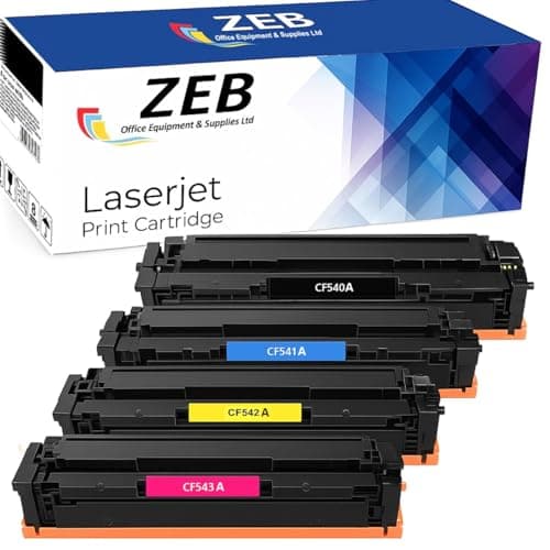 Image of ZEB Office 4x Compatible Toner Cartridge Set for HP 203A (CF540A/CF541A/CF542A/CF543A) – Black, Cyan, Magenta, Yellow Replacement for Clear, Vibrant Printing