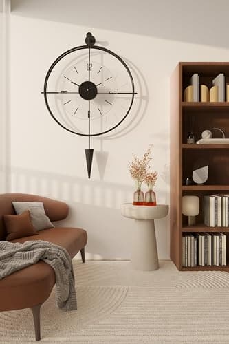 Image of FUNTLY Lavipen Black Wall Clocks for Living Room, 50cm Large Modern Silent Wall Clock, Gold Clock with No Ticking, Scandinavian Design with Sweep Movement, for Home Decor (Black)