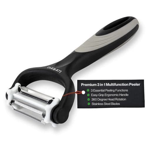 Image of Lantana Potato Peeler + Micro-Serrated Veg Peeler + Julienne Slicer - 3 in 1 for Speed Peeling of Fruit & Vegetable - Black/Grey/Stainless Steel