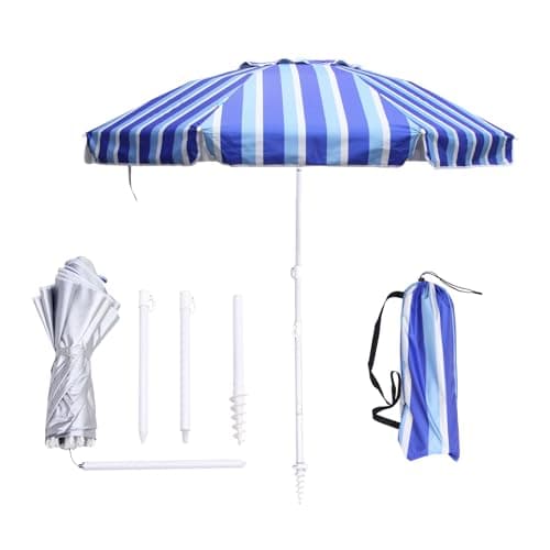Image of LOTTAFUN 6.5ft Beach Umbrella - Heavy Duty Wind Resistant UV 50+ Portable Sun Shade with Sand Anchor & Carry Bag, Outdoor Folding Umbrella for Beach, Pool, Patio, Garden (Blue Vertical Stripe)