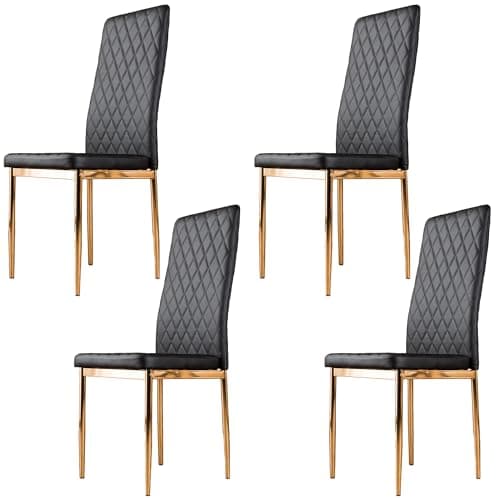 Image of Furniturebox UK Milan 4/6 Modern Stylish Gold Hatched Diamond Faux Leather Dining Chairs Seats Set (4x Black Milan Gold Chairs)