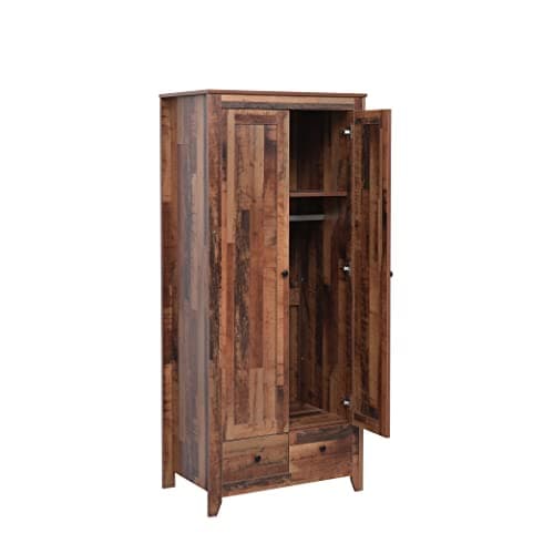 Image of FurnitureHMD 2 Doors 2 Drawers Wardrobe Clothes Storage Cupboard with Hanging Rails Bedroom Furniture,Vintage Style