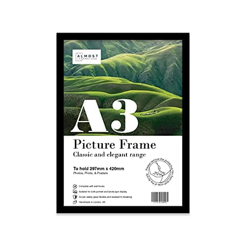 Image of Almost Frameless A3 Black Picture Frame, Fits A3 (29.7 x 42cm - 11.7 x 16.5in) Poster, Photo, or Print. Portrait and Horizontal Wall Hooks