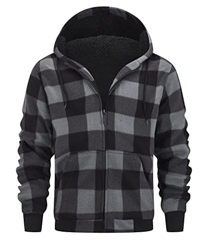 Image of geeksport Men's Fleece Jacket Men Hoodie Full Zip Fleece for Man Sweatshirt Plaid Flannel Warm Winter Coat with Hood Dark Grey M