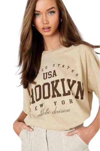 Image of T-Shirts for Women Short Sleeve Round Neck Oversized Slogan Printed Tshirt Long Casual Summer Baggy Fashion Ladies Tees Plus Size Tshirts Tops Brooklyn New York-Beige-XL