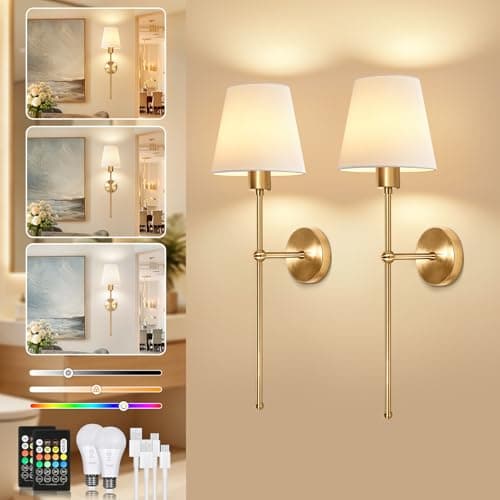 Image of TaoFiaCo Gold Rechargeable Wall Lights with Remote Control - Battery Operated Wall Lights Indoor for Living Room Bedroom - 3 Color Temperatures 8 Color RGB Wireless Wall Sconces - Fabric Shade 2 Pack