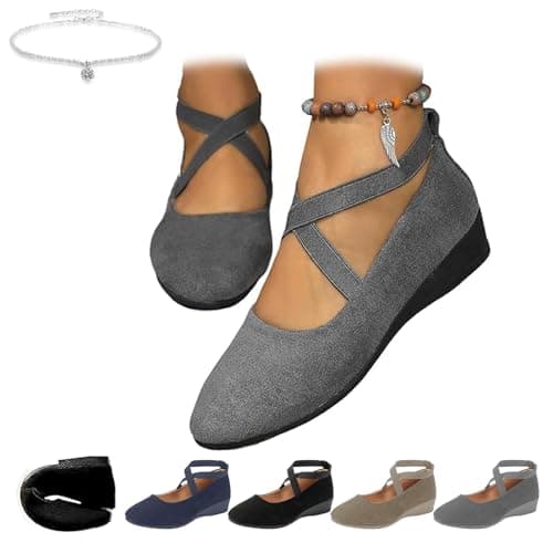 Image of Women's Comfy Elastic Crisscross Strap Wedge Slip-On Shoes, Womens Round Toe Ballet Wedge Dress Shoe Elegant Suede Low Heel Wedge Casual Work Ballerina Shoes (Grey,40 EU)