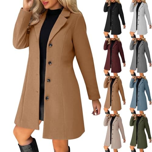Image of Women's Coats Winter Single Breasted Wool Blend Jacket Causal Lapel Collar Button Elegant Trench Coats for Women Windbreaker Jacket Ladies Long Sleeve Tops Mid-Length Overcoat Warm Outerwear