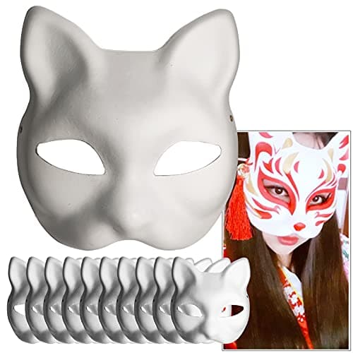 Image of Feeziloe DIY White Paper Mask Cat Face-10 Pcs, Pulp Blank Hand Painted Mask, Personality Design for Halloween Masquerade Costume Cosplay