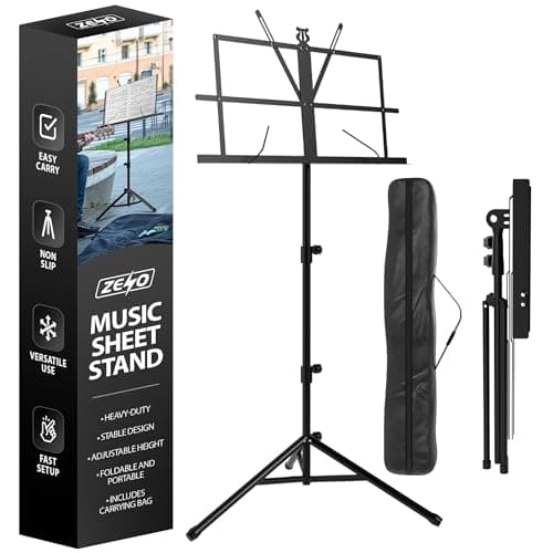 Image of ZENO Music Stand | Music Stands for Sheet Music, Books, Notes | Music Sheet Stand with Music Sheet Clip Holder, Foldable Design & FREE Carry Bag | Heavy Duty Stand | Easy To Carry | Unfolds In Seconds
