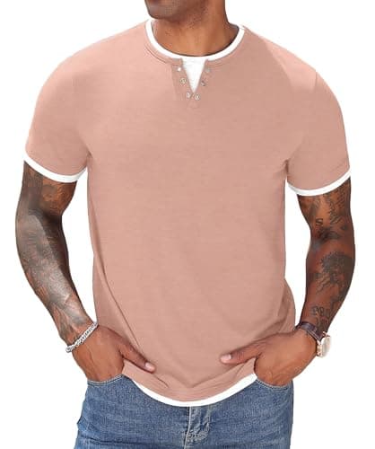 Image of Hisir Mens T Shirt Summer Henley Short Sleeve Regular Fit Round Neck Casual Tops Classic Color Block Tee Shirts (Light Pink, L)