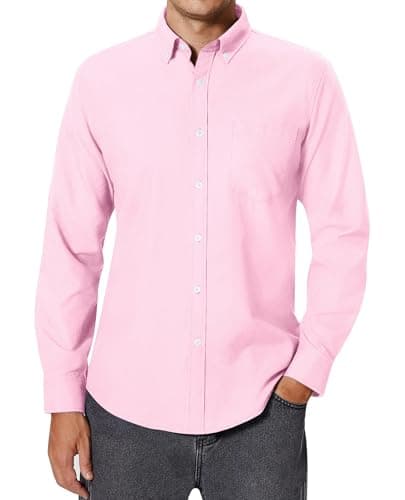 Image of siliteelon Pink Shirt Men Long Sleeve Oxford Regular Fit Fashion Business Smart Casual Formal Dress Work Button Down Shirts XL