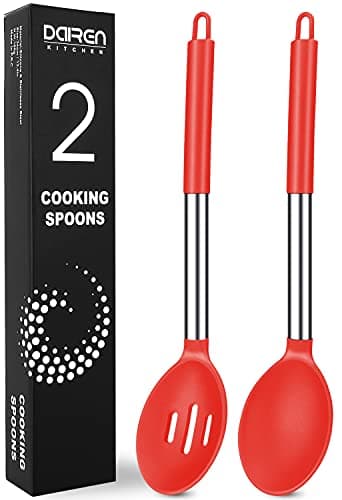 Image of Silicone Serving Spoons, 2 Pack Solid & Slotted Spoon Set, Non-Stick BPA Free Heat-Resistant Kitchen Utensils, Plastic Cooking Spoons for Soup, Serving, Draining, Stirring (Red)