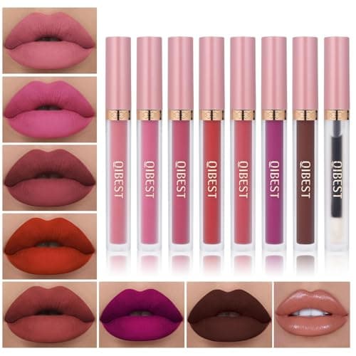 Image of QiBest 7Pcs Matte Liquid Lipstick and 1Pcs Lip Plumper Makeup Set, Pigmented Waterproof Halloween Lip Make Up Valentine's Day Gift Lip Gloss Sets Long Wearing Velvet Lip Kit for Teens & Women