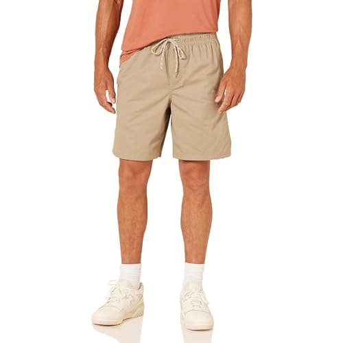 Image of Amazon Essentials Men's Relaxed Fit 8" (20cm) Cotton Elasticated Waist Pull On Drawstring Walk Shorts, Khaki Brown, L