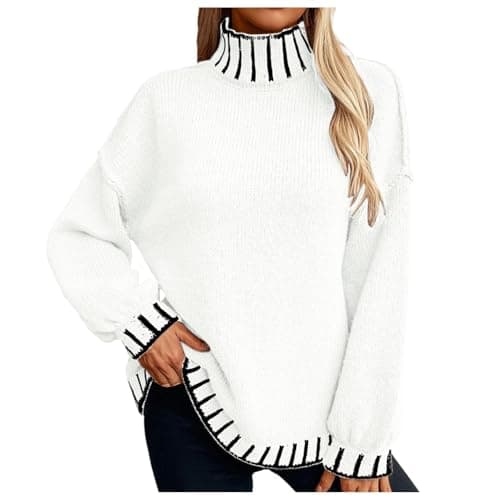 Image of Turtleneck Sweater for Women Knitted Mock Neck Jumpers Women- Stretch Solid Color Classic-Fit Thick Oversized Casual Sweatshirt Long Sleeve Lightweight Crew Loose Fall Winter Warm Pullover Home Party