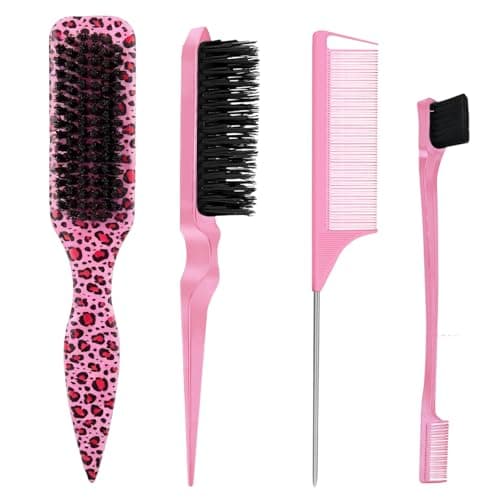 Image of 4 Pcs Slick Back Hair Brush, Slick Back Brush Set, Smoothing & Teasing Brushs, Rat Tail Comb for Smooth Flyaways Frizz Sleek Ponytail Hairdresser Women Men All Hair Types