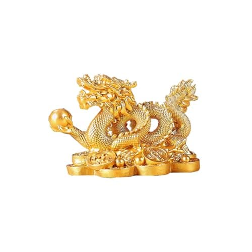 Image of YODOOLTLY Feng Shui Dragon Statue- Chinese Dragon on Ancient Coins Figurine Ornament Attract Wealth and Good Luck Office Home Decor (Gold)