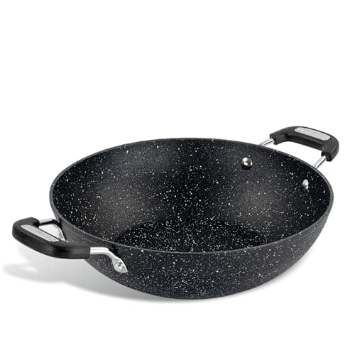 Image of Scoville NEVERSTICK 28cm Kadai Pan, Non-Stick Pan for Curries & Stews, 3.8L, Suitable for All Hobs Including Induction, Rapid Heat Conduction, Cool Touch Handles, Dishwasher Safe, PFOA Free, Black