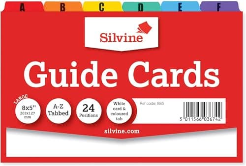 Image of Silvine 8x5 Guide Cards in Plain White, Tabbed A-Z. Ref 885 (203 x 127mm)