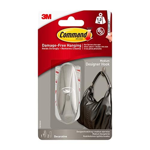 Image of Command Medium Brushed Nickel Designer Hook, Indoor use - 1 Metal Medium Hook and 2 Adhesive Strips - Hang Jackets, Purses, Handbags, Backpacks, Hats, Scarves, Dog Leads - Organise Damage Free