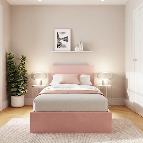 Image of End Lift Ottoman Bed 90cm Velvet Blush Pink Single Storage Bed Frame