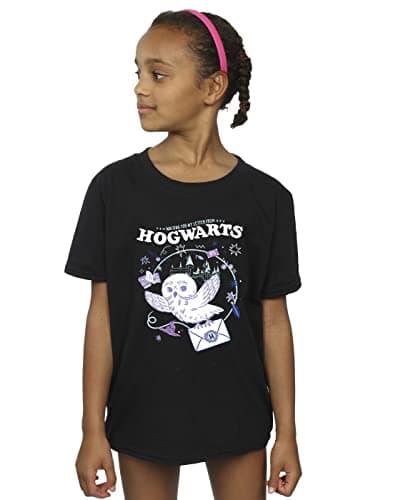 Image of Harry Potter Girls Owl Letter from Hogwarts T-Shirt Black 7-8 Years