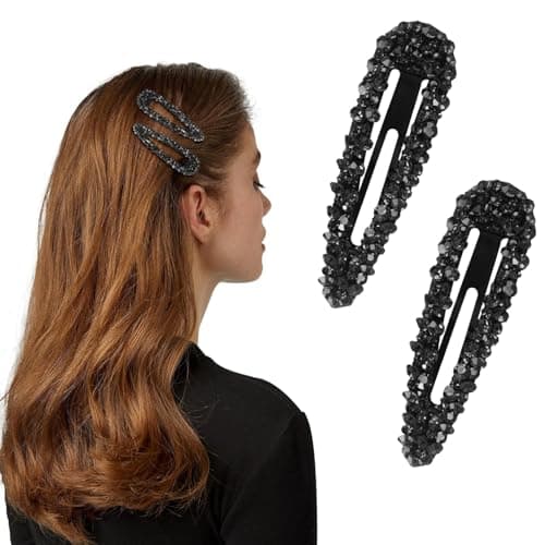 Image of 2Pcs Black Sparkly Czech Crystal Snap Clips, Long Hair Barrettes Hair Slide Stylish Clips for Women Girl