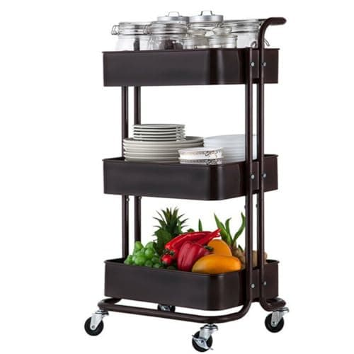 Image of Multibao 3 Tier Storage Trolley on Wheels Cart Kitchen Utility Rolling Rack Tray Shelf for Kitchen Bathroom Laundry and Office (Black)