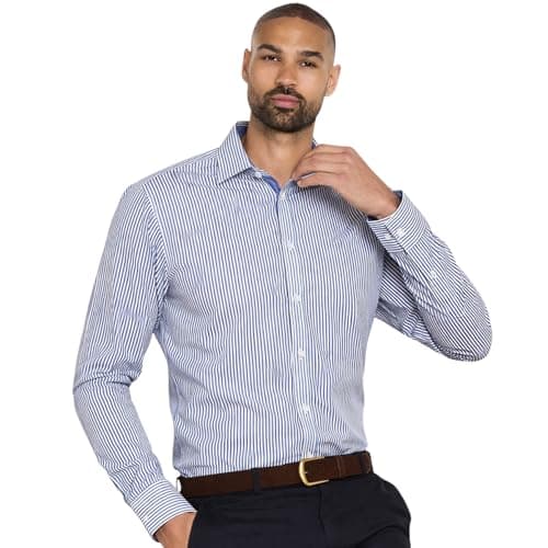 Image of Mens Long Sleeve Shirt Tailored Fit Easy Iron Collared Button Up Poplin Smart Casual Business Wedding Office Shirt (Pinstripe, 15.5)