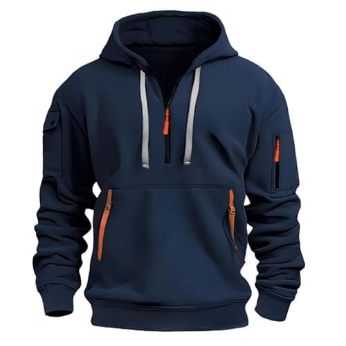 Image of LBL Men's Hoodies Casual Pullover Hooded Sweatshirt Long Sleeve Quarter Zip Hoody Tops With Kangaroo Pocket APH055 Navy S