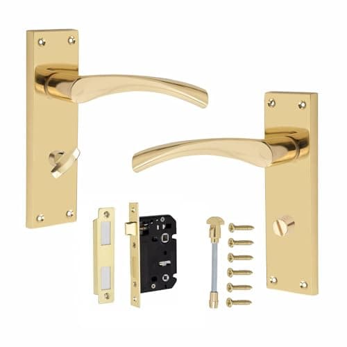 Image of Golden Grace Victorian Scroll Astrid Door Handles Bathroom WC Toilet Complete in Gold Polished Brass Finish with (GG) 64mm Bathroom Mortise Lock - 150mm x 40mm Backplate