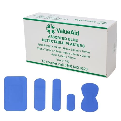 Image of Value Aid Blue Detectable Plasters – Box of 100 Assorted Plasters for Catering Kitchens and Food Handling – Latex Free Washproof Assorted Sizes with Hypoallergenic Adhesive – Individually Wrapped
