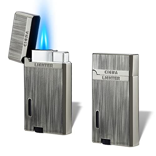 Image of Futlidys 2 Pack Double Jet Flame Gas Lighter with Protect Cover, Butane Refillable and Adjustable Flame Windproof Torch Lighter, Vintage with Brushed Pattern. Grey(Sold without Gas)