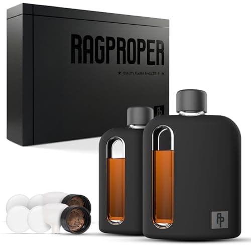 Image of Ragproper Modern Glass Hip Flask for Men with Cork & Silicone Lid Liners - Durable Silicone Covered Flask for Whiskey, & Other Liquor (Single Shot 100ml + Double Shot 240ml, Black)