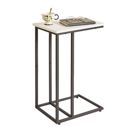 Image of Aibiju C Shaped End Table, Slide and Sofa Table, Bedside Snack Table with Steel Frame for Living Room, Bedroom, Small Spaces,White Faux Marble and Black Metal Frame, YD-TM051B