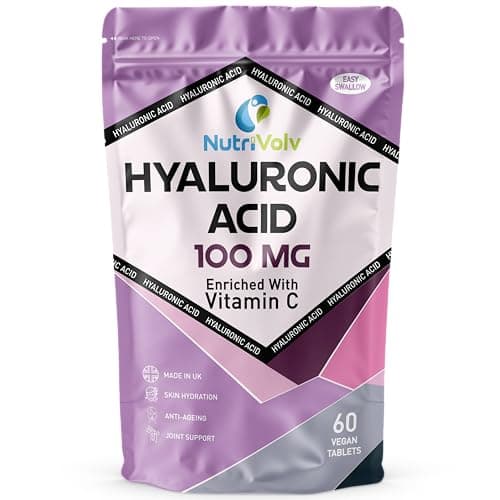 Image of Hyaluronic Acid 100mg & Vitamin C | 60 Tablets | Vegan | for Men & Women | Healthy Skin Bones Anti Ageing | by NutriVolv