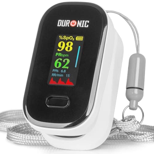 Image of Duronic Finger Pulse Oximeter OX02 Blood Oxygen Saturation & Pulse Rate Monitor SpO2 Fingertip Monitor for Home Use Portable Latex Free Oximeters with Digital Display & Lanyard