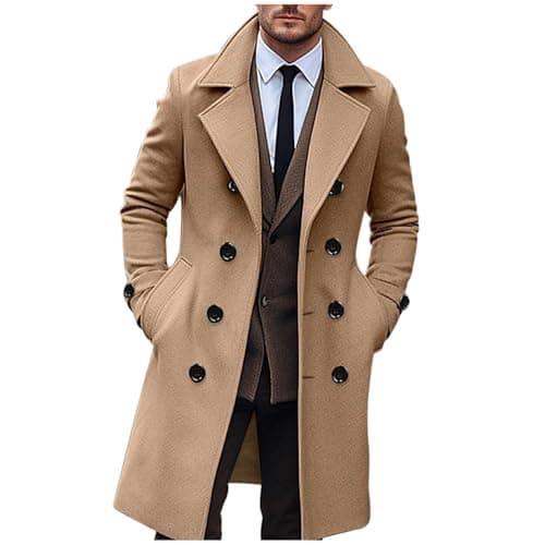 Image of AEGJEGVD Wool Coats for Men UK Clearance,Long Trench Coat Mens Solid Turndown Long Sleeve Classic Business Coat Winter Casual Slim Fit Double Breasted Overcoat Windbreaker Warm Pea Coat S-3XL