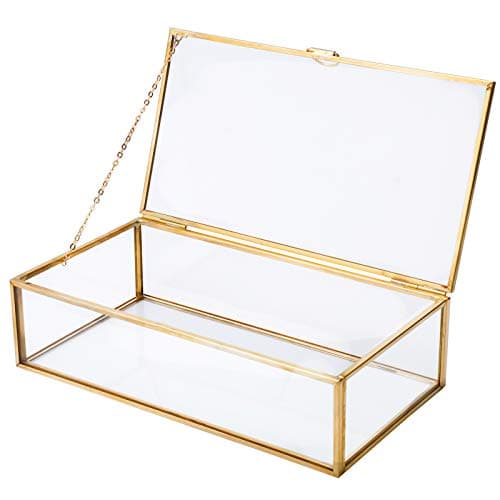 Image of Homtone Copper Golden Vintage Glass Lidded Box, Decorative Jewelry Keepsake Display Organizer Clear Rectangle Golden Box for Wedding Party Decor (20x11x5.9cm, Gold)