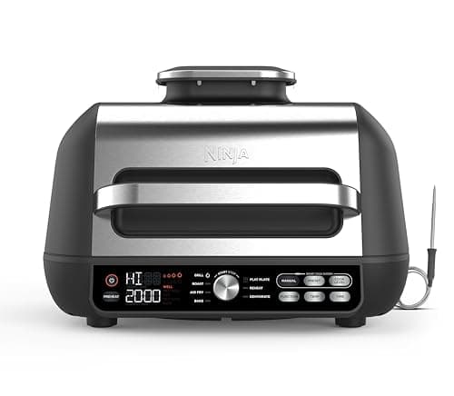 Image of Ninja Foodi MAX PRO Health Grill, Flat Plate & Air Fryer 3.8L with Digital Cooking Probe, 7-in-1, Air Fry, Bake & more, Dishwasher Safe Parts, Cleaning Brush, Large Grill Plate, Silver/Black AG651UK