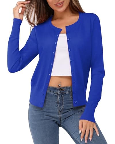 Image of Newshows Women's Solid Button Down Long Sleeve Classic Crew Neck Knit Cardigan Sweater(Sapphire Blue,XXL)