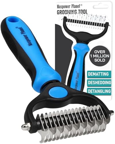 Image of Maxpower Planet Pet Grooming Brush for Long Haired Cats - Double Sided Shedding and Dematting Undercoat Rake, Dog Comb, Blue