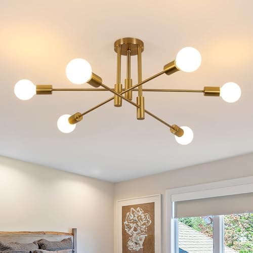 Image of Comely Sputnik Chandelier, 6-Light E27 Gold Modern Semi-Flush Mount Ceiling Lamp, Mid-Century Modern Ceiling Lighting for Living Room, Bedroom, Dining Room, Kitchen