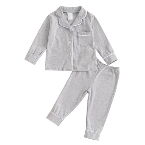 Image of MAHUAOYIXI Toddler Baby Girl Boy Solid Pajamas Sets Long Sleeve Lapel Neck Button Down Shirts Tops with Elastic Waist Long Pants Sets 2Pcs Sleepwear Loungewear Nightwear (Gray, 12-18 Months)