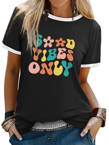 Image of Dresswel Women Good Vibes T-Shirt Flower Graphic Print Tee Shirts Summer Tops(Black,XL)