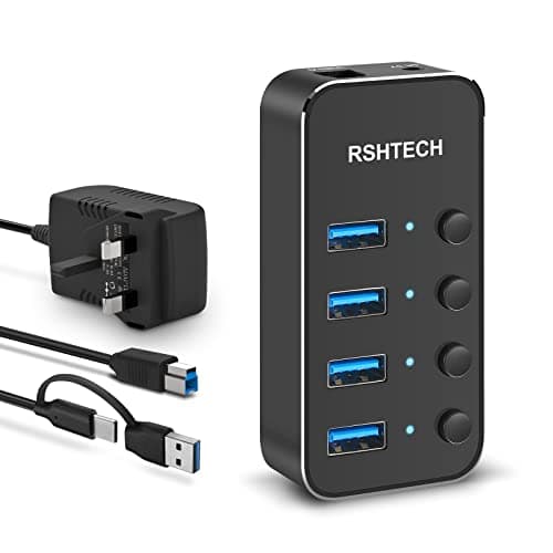 Image of RSHTECH 4-Port Powered USB 3.0/ USB-C Hub, Aluminum USB 3.0 Extension Hub Splitter with 2-in-1 Type A/C Cable and 5V/2A Power Adapter (RSH-ST04)